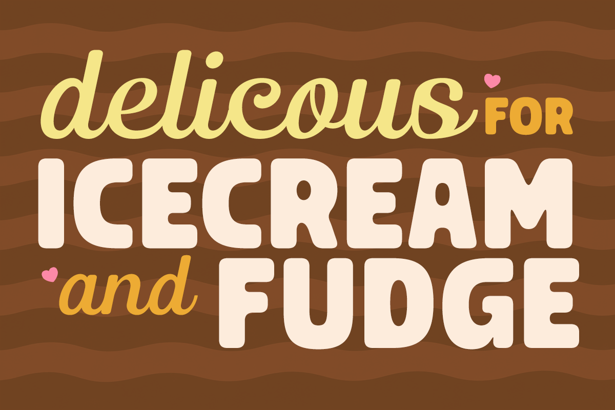 Playful dessert typography with cream lettering, yellow italics, pink hearts on chocolate wavy background