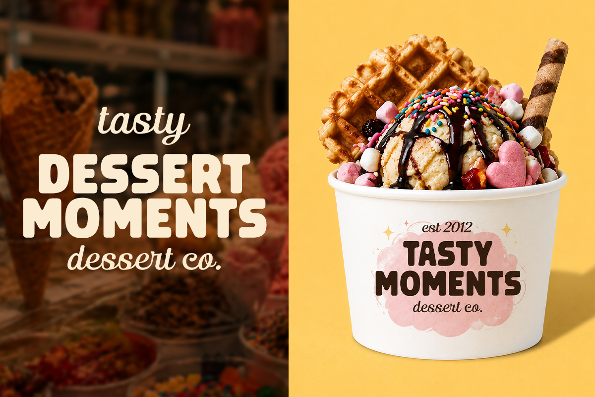 Overloaded ice cream cup with waffle, sprinkles, chocolate drip against bright yellow background