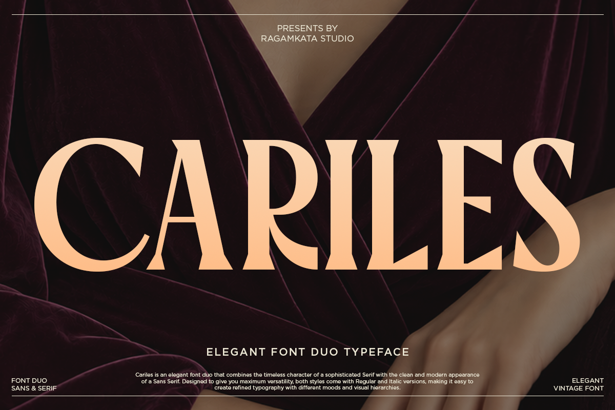 Carles elegant serif font duo displayed in cream over moody burgundy fabric backdrop