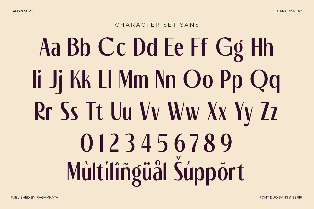 Elegant sans serif font showing full character set with uppercase, lowercase, numbers, multilingual accents on cream background
