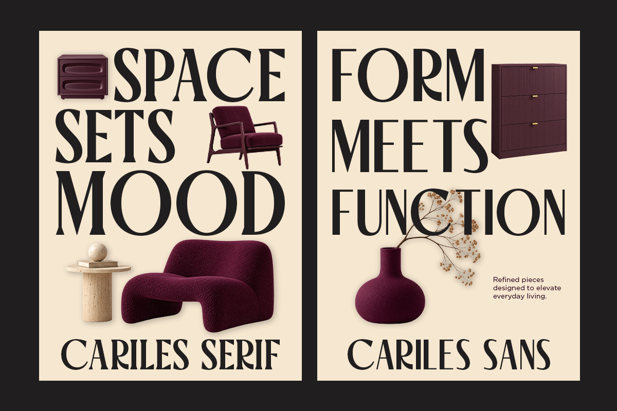 Two typography posters featuring burgundy furniture with serif vs sans-serif typefaces on cream backgrounds