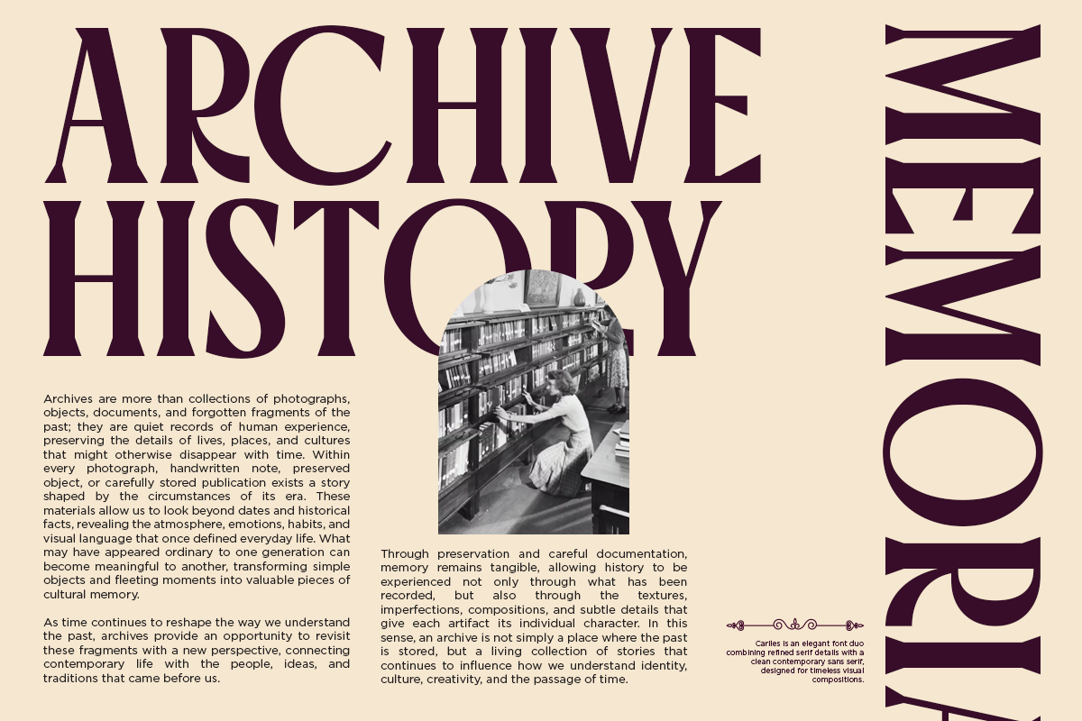 Vintage poster layout with serif typography, archival black white photo of woman in library, cream background with burgundy text blocks