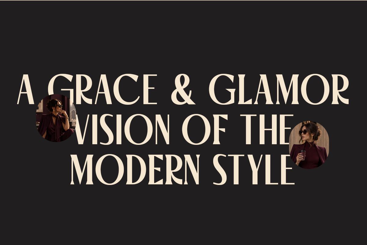 Cream serif text on dark background with circular photo cutouts of woman in burgundy jacket