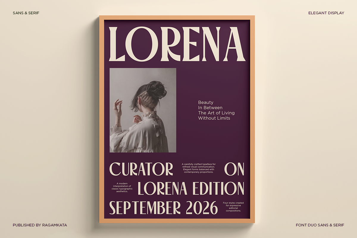 Lorena magazine cover mockup with serif typeface on deep purple background with portrait photo