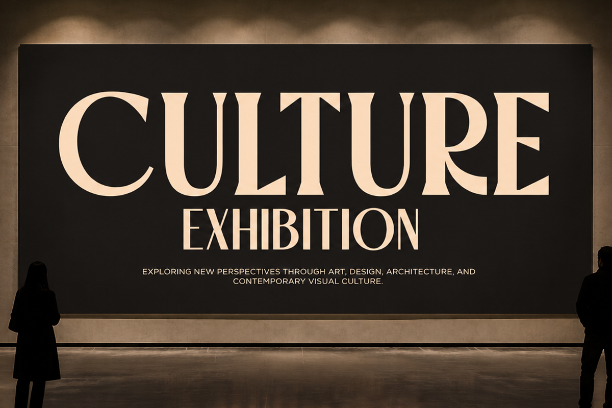 Gallery wall mockup with cream serif type on black panel, museum vibes