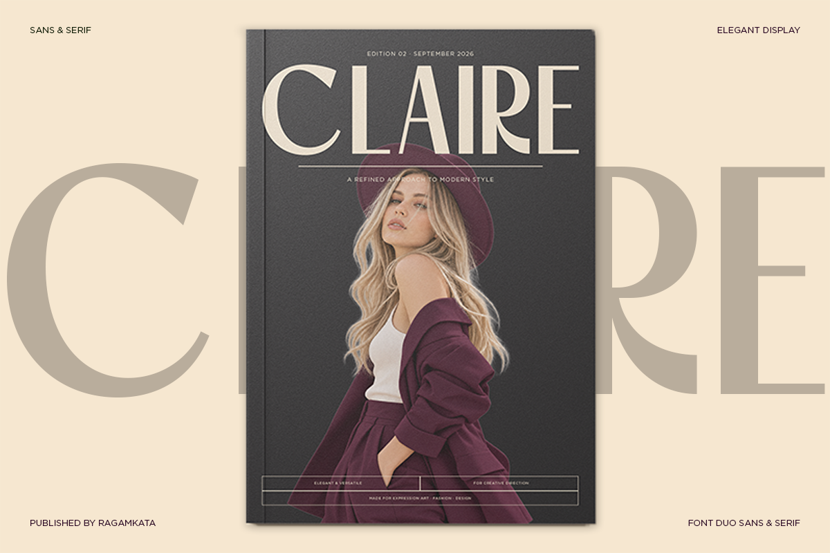 Magazine cover mockup with charcoal background, cream typography, burgundy fashion editorial styling