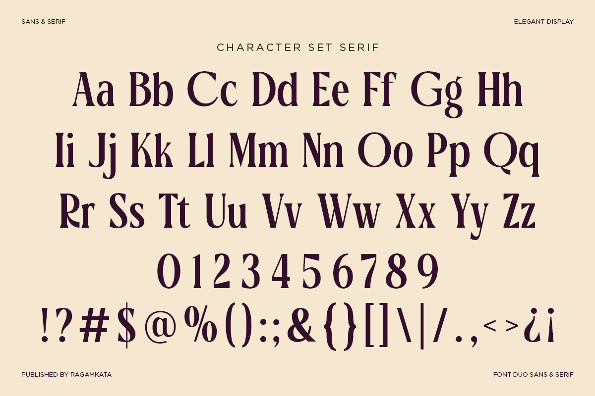Serif font character set showing uppercase, lowercase, numbers, plus symbols on cream background