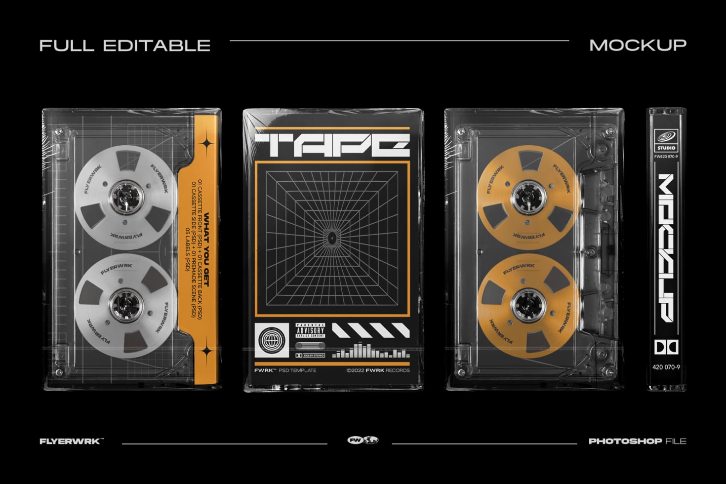 Retro cassette tape mockup with dual reels in orange, gray, customizable artwork templates for music releases