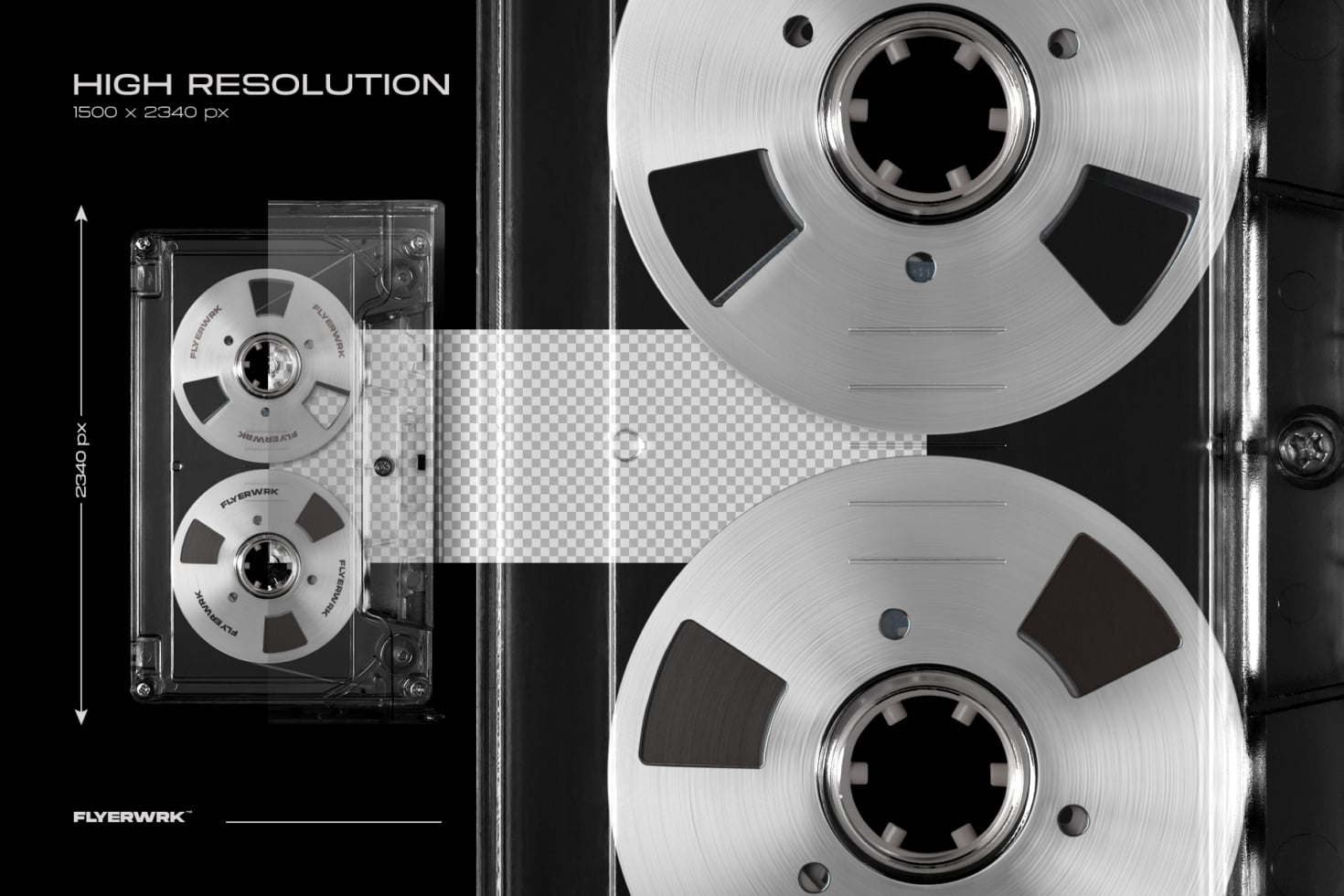 Vintage tape reels with transparent cassette case mockup, high res studio shot