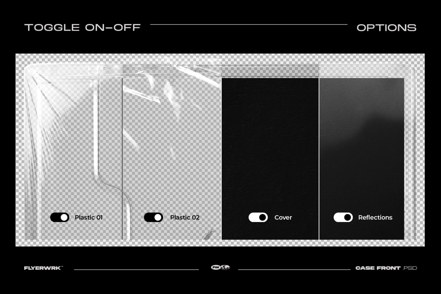 Case front PSD mockup with toggleable plastic textures, cover layer, reflections overlay