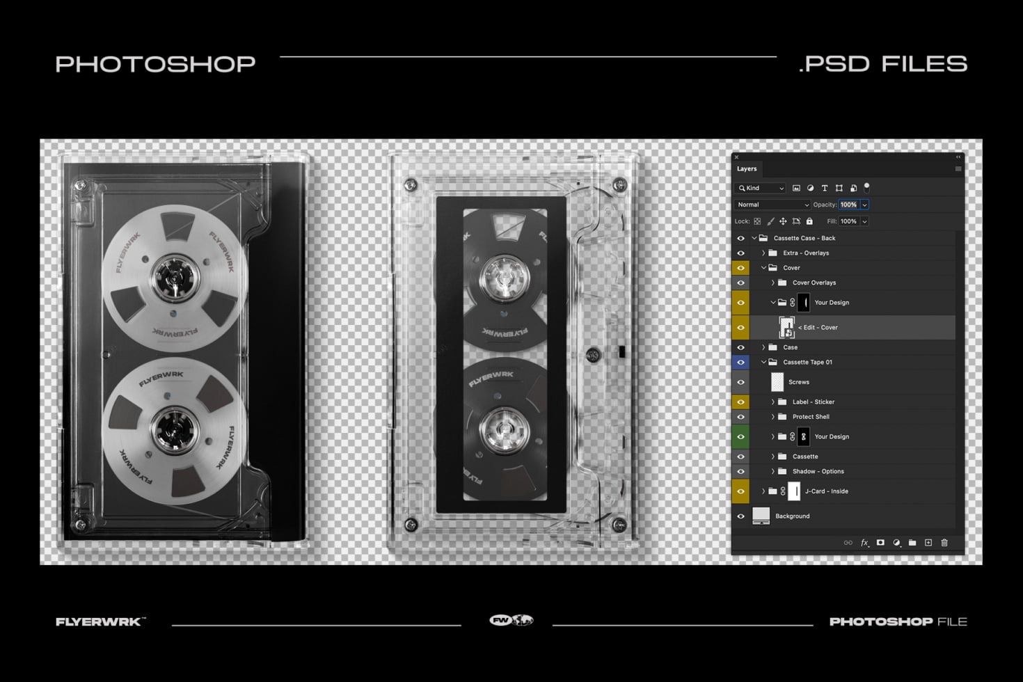 Cassette tape case mockup with reel tape design in Photoshop, showing editable layers for custom artwork