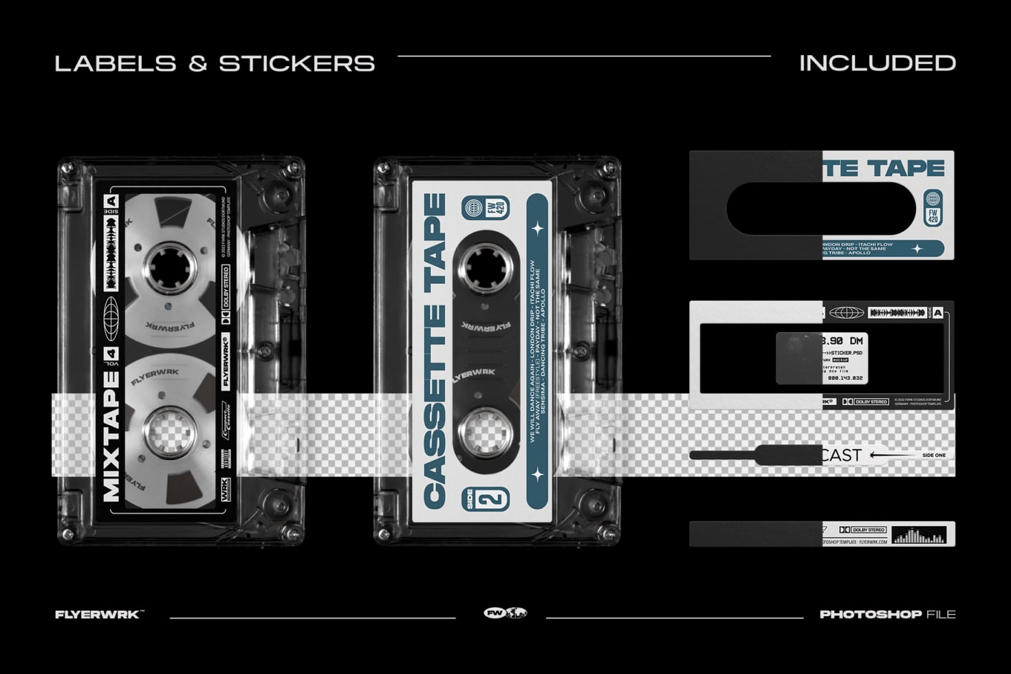 Cassette tape mockup with editable labels, stickers, both sides shown in Photoshop file