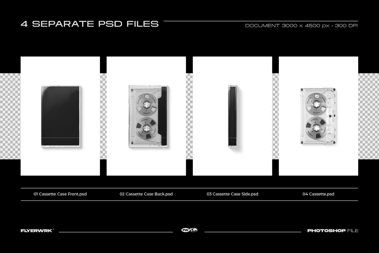 Cassette case mockup with 4 PSD files showing front, back, side views plus tape in high resolution