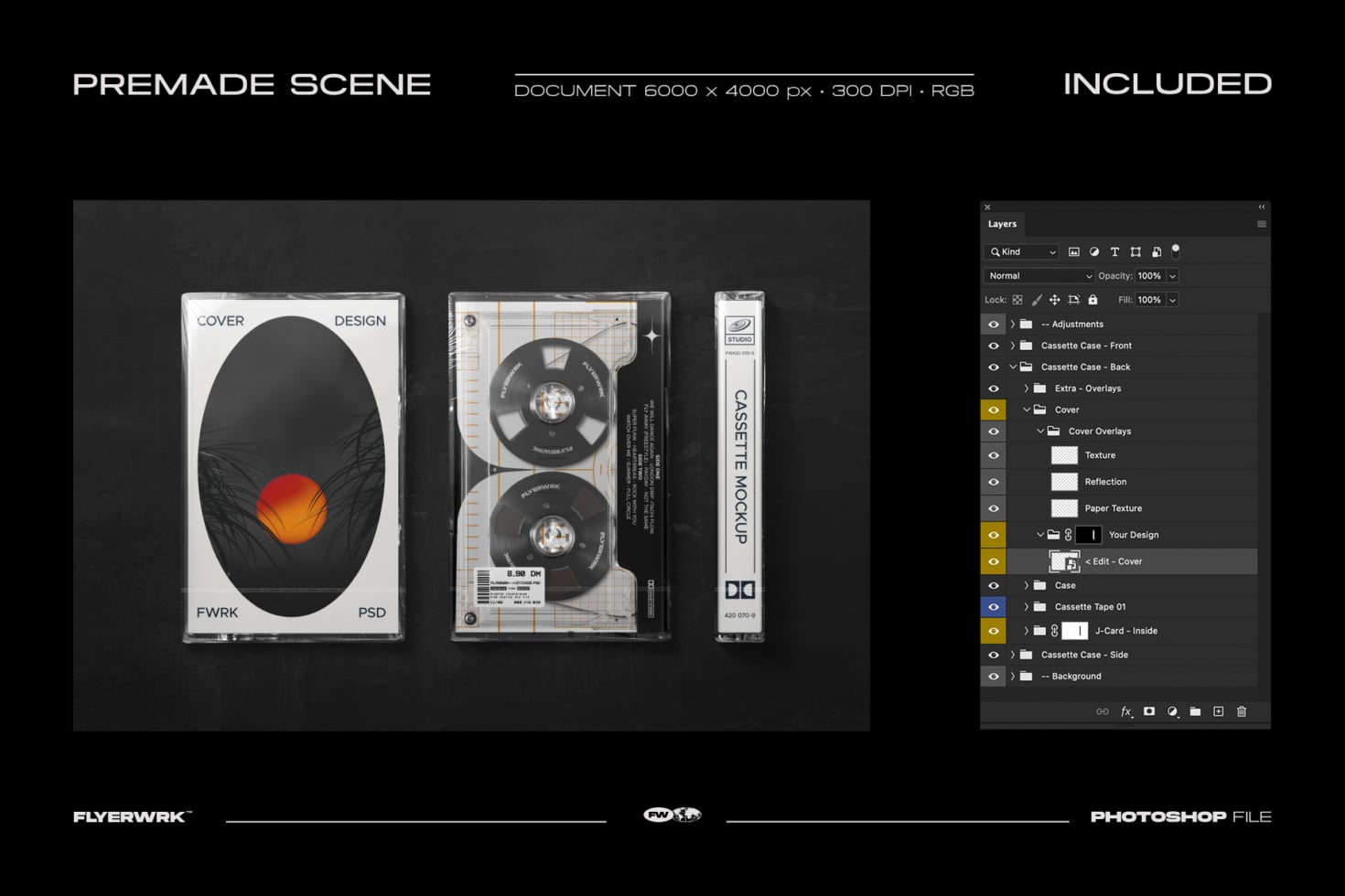 Cassette tape mockup with book cover, j-card, case designs in Photoshop layers panel shown