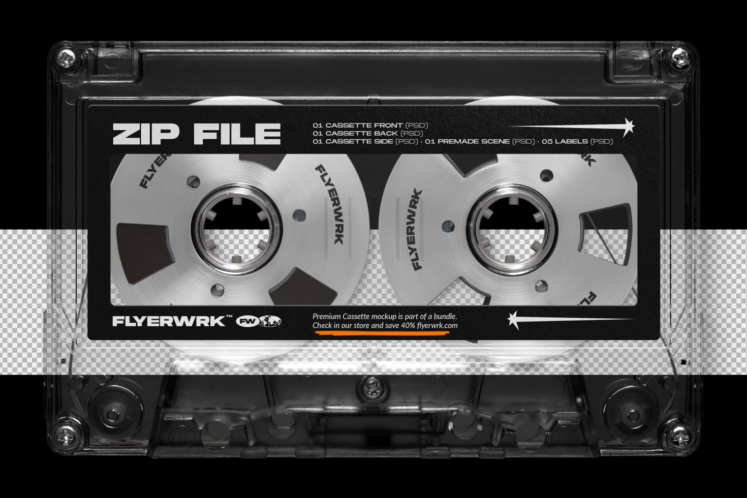 Retro cassette tape mockup with dual reels, black case, customizable front, back, side labels