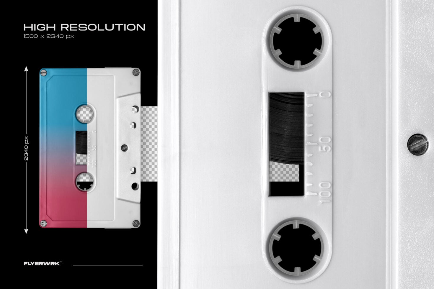 Retro cassette tape mockup with blue to pink gradient, dual reels, white housing, transparent label area
