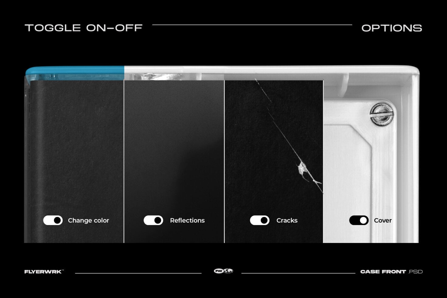 Case front mockup with toggles for color, reflections, cracks, cover options