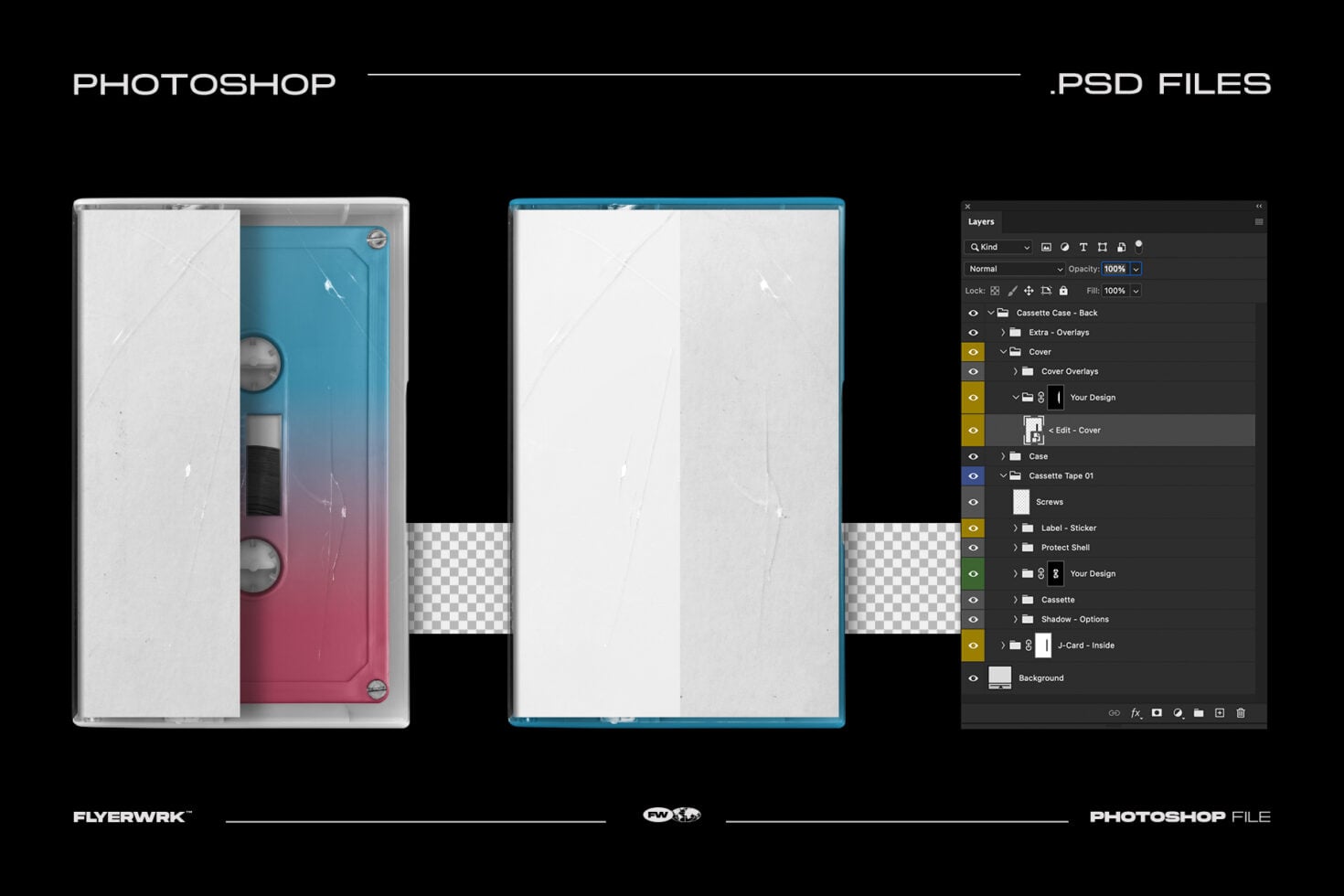 Cassette case mockup with gradient pink to blue finish shown in three views plus PSD layers panel