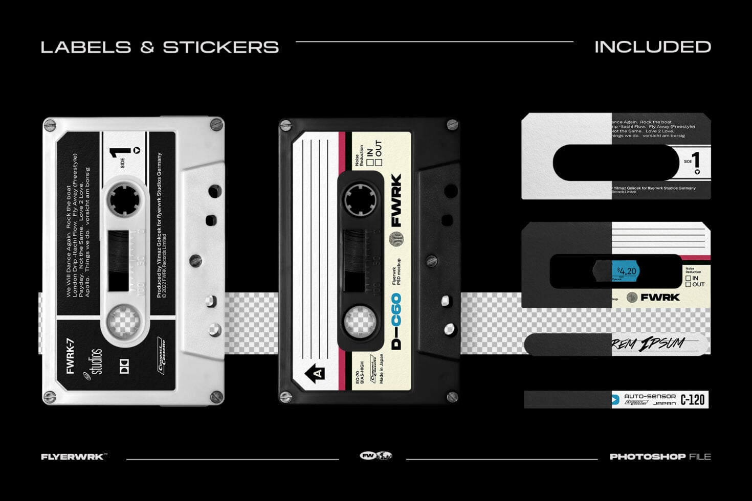 Cassette tape label mockups with customizable sticker designs in black, white, retro style layouts