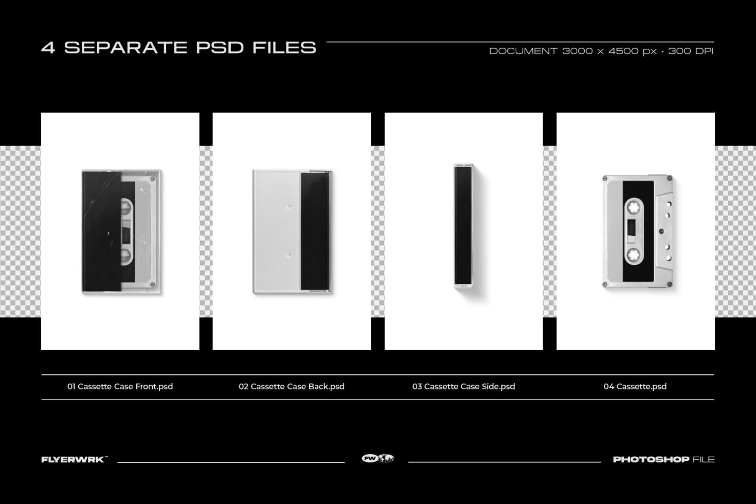 Vintage cassette tape case mockup with front, back, side angles plus standalone design file