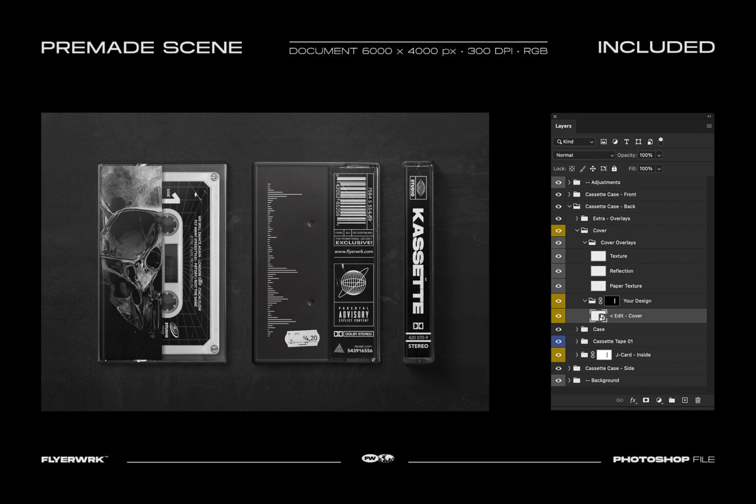 Cassette tape packaging mockup with front, back, spine, j-card layouts in dark moody style