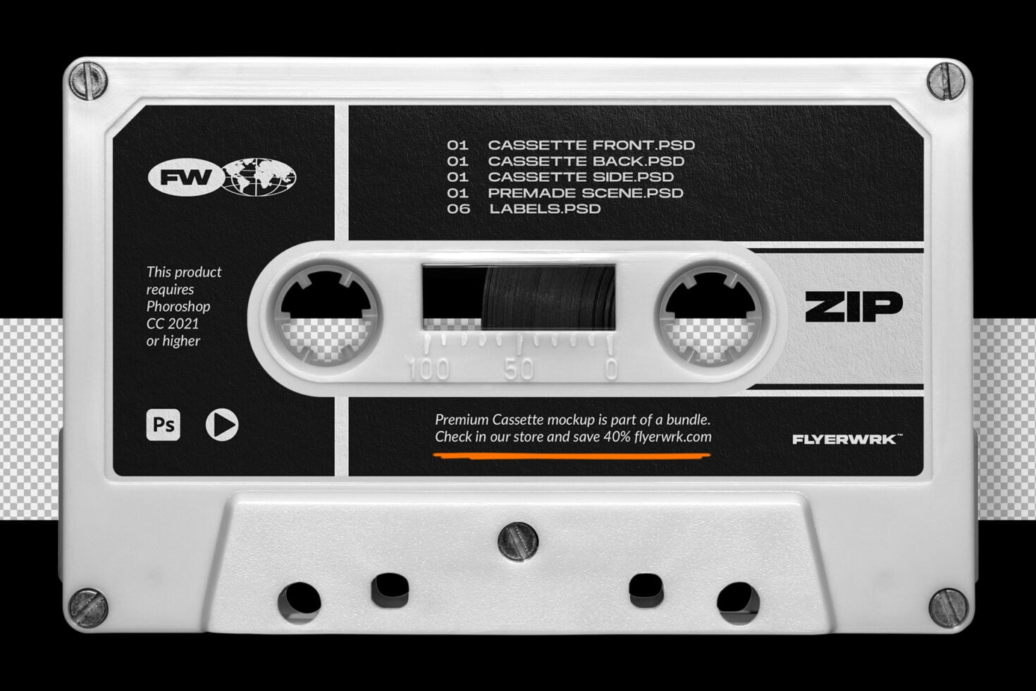 Retro cassette tape mockup with editable front, back, side views plus premade scene