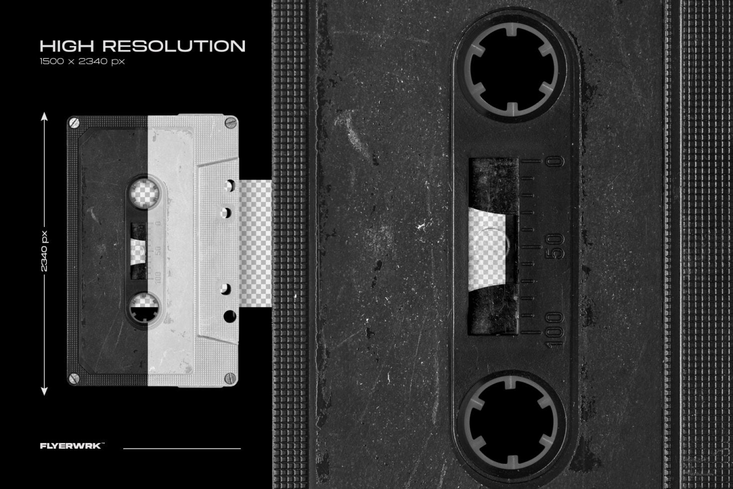 Vintage cassette tapes with worn textures, transparent mockup areas on dark gritty background