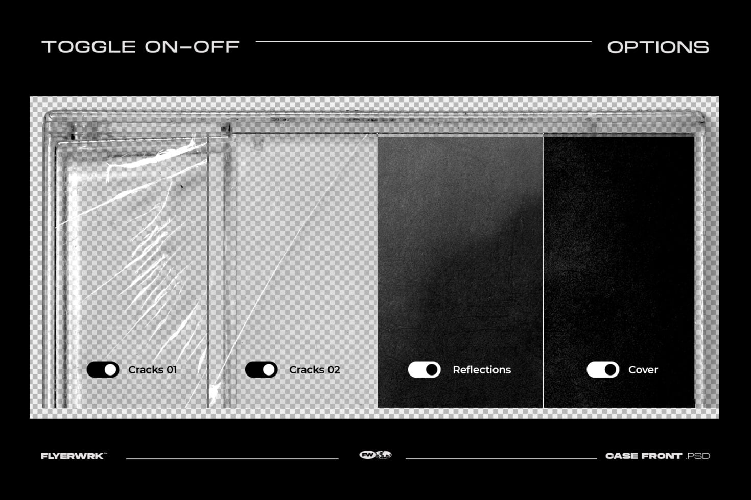 Glass case front mockup with toggleable crack, reflection, plus cover layers