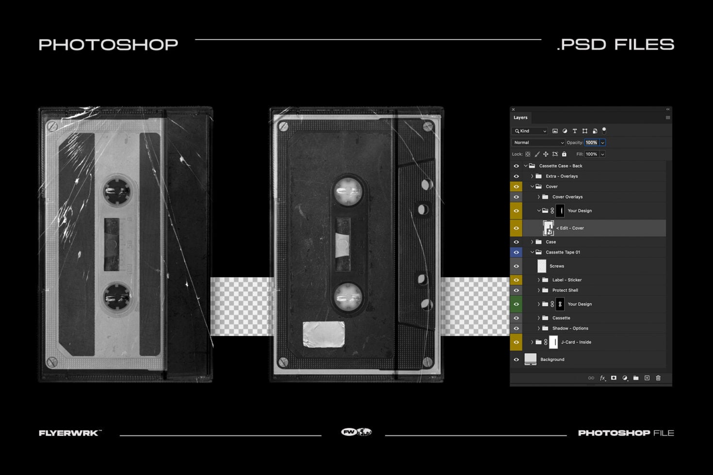 Vintage cassette tape mockup with editable layers in Photoshop, front back views