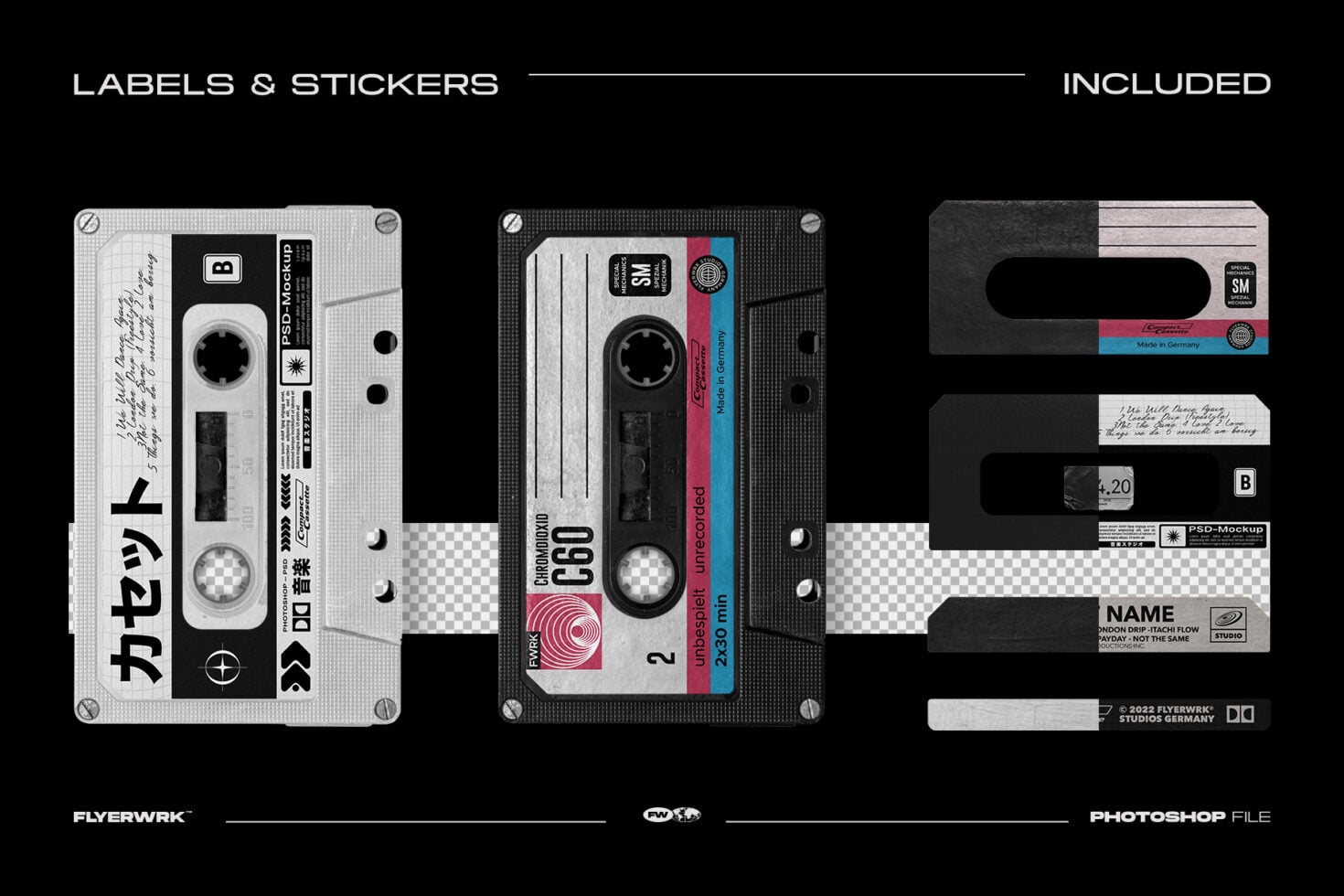 Retro cassette tape mockup with editable labels, stickers, plus bonus label sheet designs