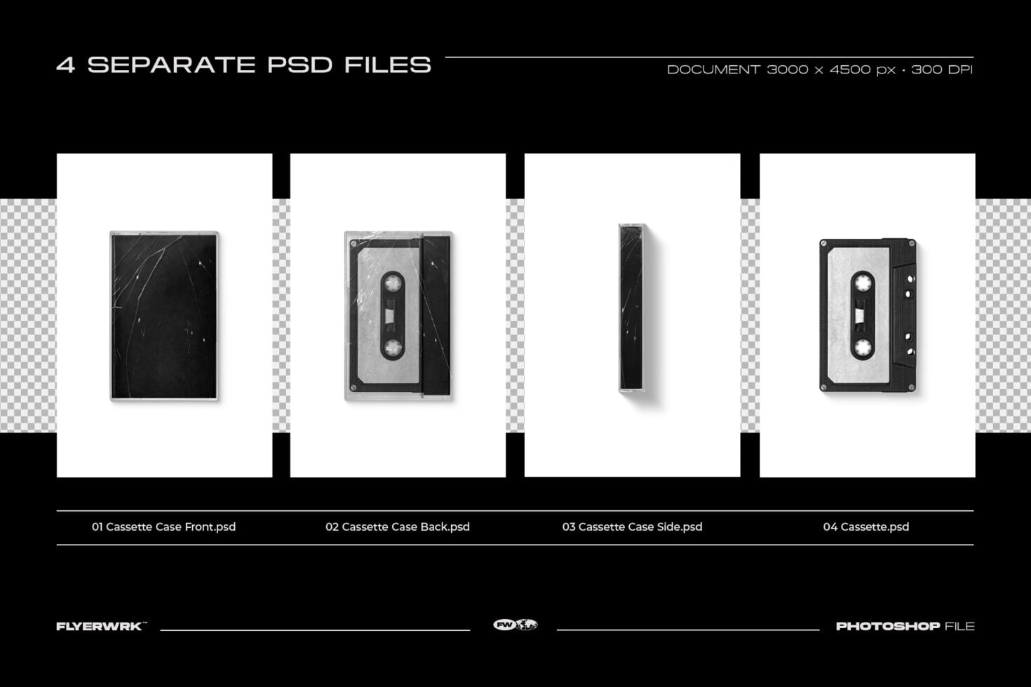 Vintage cassette case mockup with 4 PSD files showing front, back, side views with realistic shadows