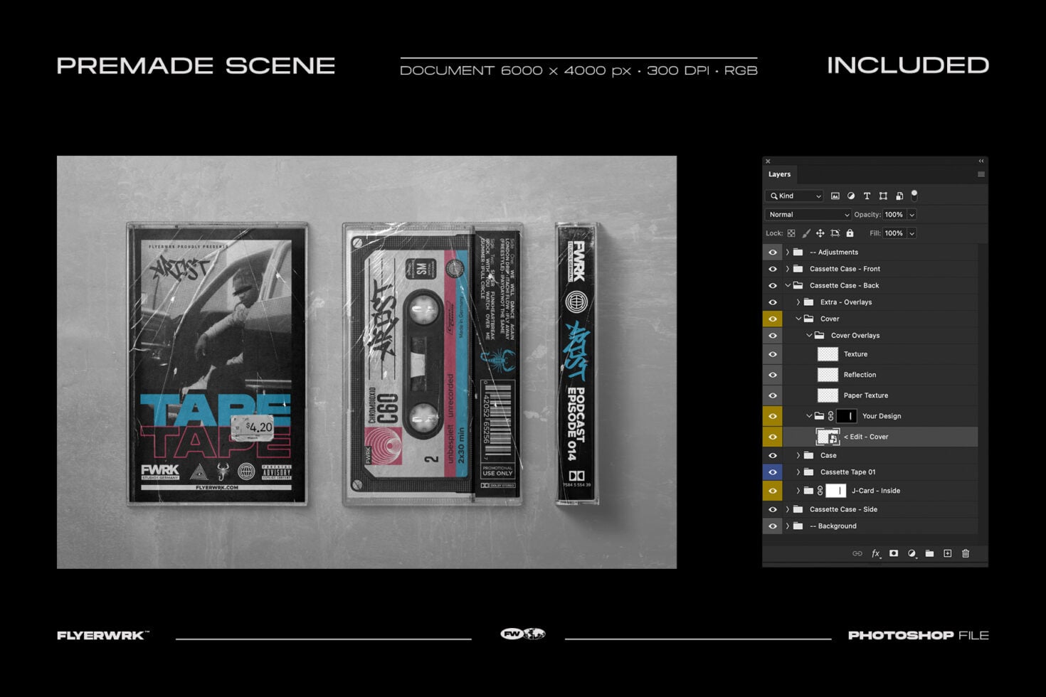 Cassette tape mockup with VHS case showing editable layers in Photoshop