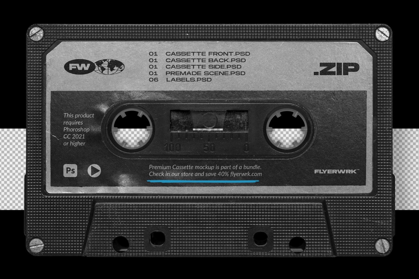 Retro cassette tape mockup with editable front, back, side, labels in Photoshop