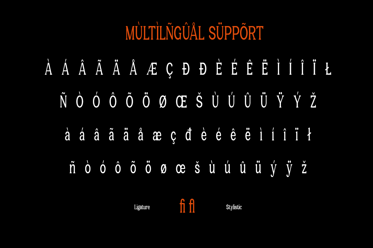 Stylish font with multilingual characters, accents, ligatures on black background