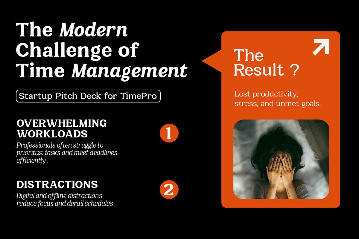Startup pitch deck slide on time management challenges with black background, orange callout box showing stressed person covering face