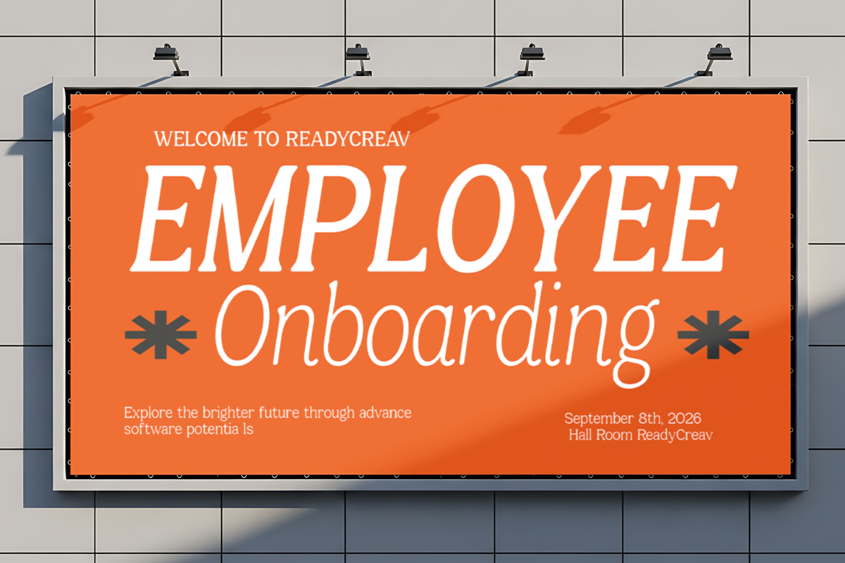 Bright orange conference room display screen showing employee onboarding event details with white text