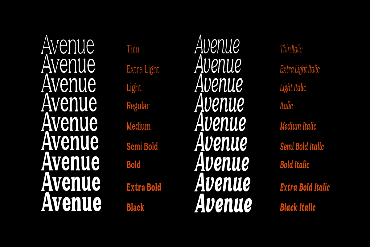 Avenue font family showing all weights from Thin to Black with italic variants