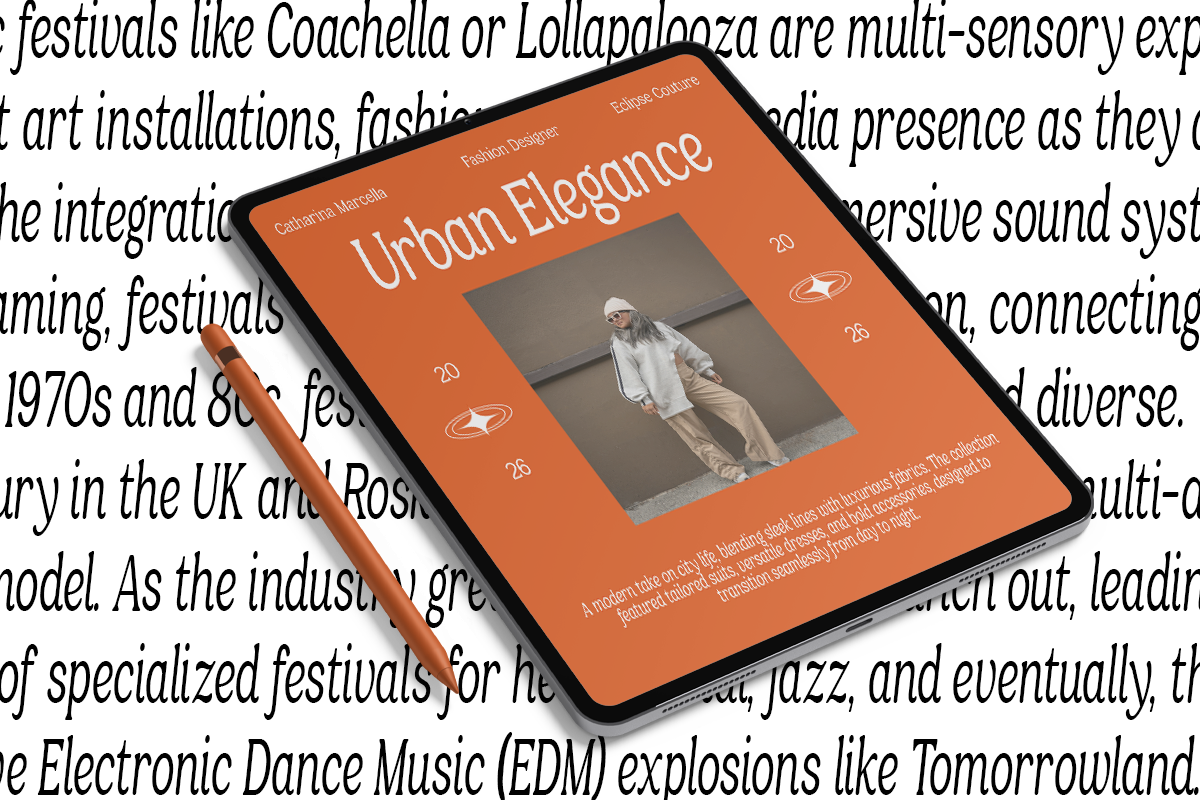 Tablet mockup showing Urban Elegance magazine cover in burnt orange with model photo, styled on textured background