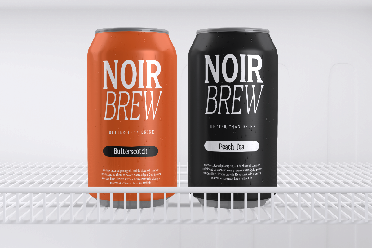 Noir Brew soda can mockup in orange butterscotch plus black peach tea flavors