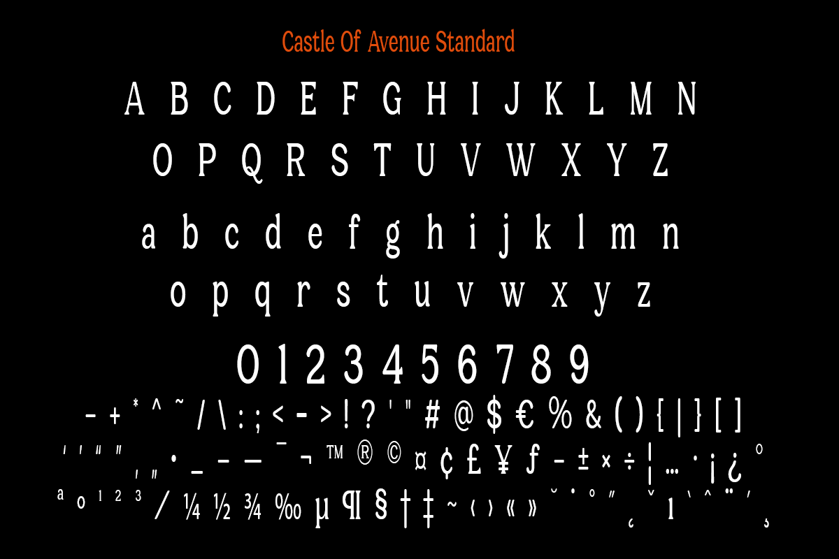 Castle Of Avenue Standard typeface showing full character set with uppercase, lowercase, numbers, symbols on black background