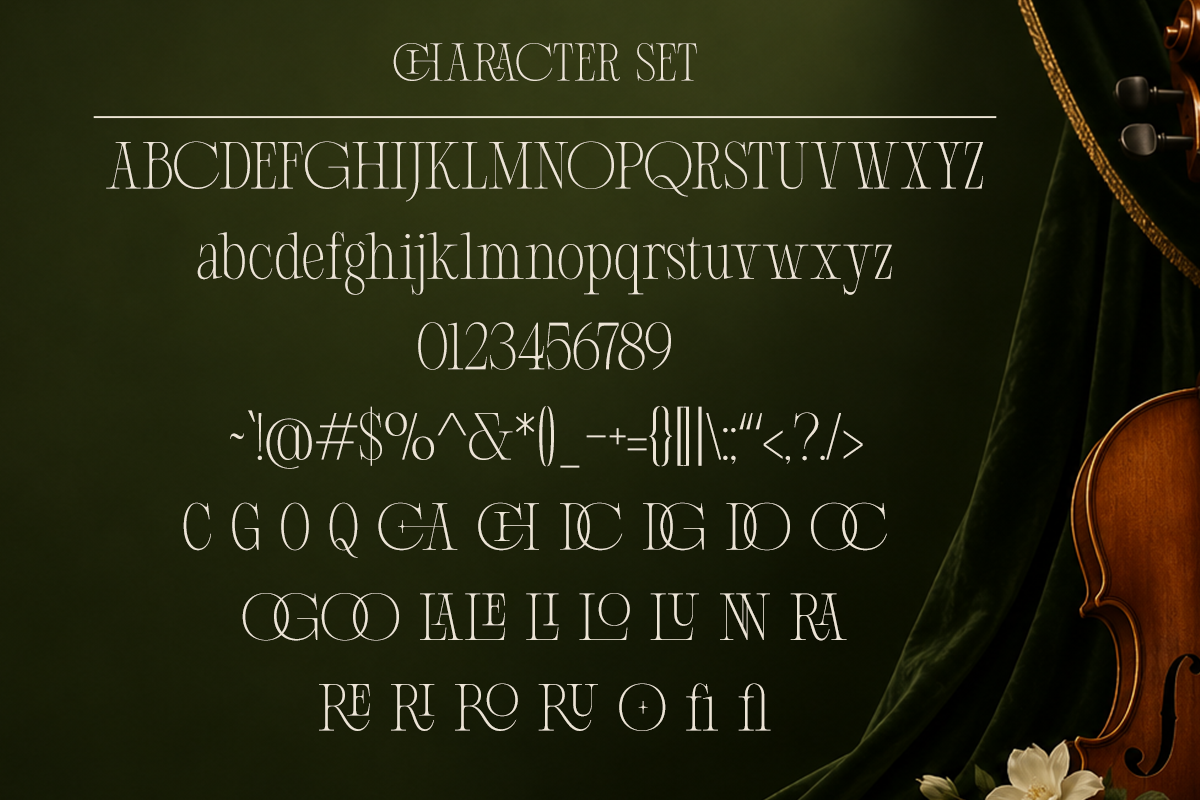 Elegant serif font character set with uppercase, lowercase, numbers, symbols, plus ligatures on forest green background