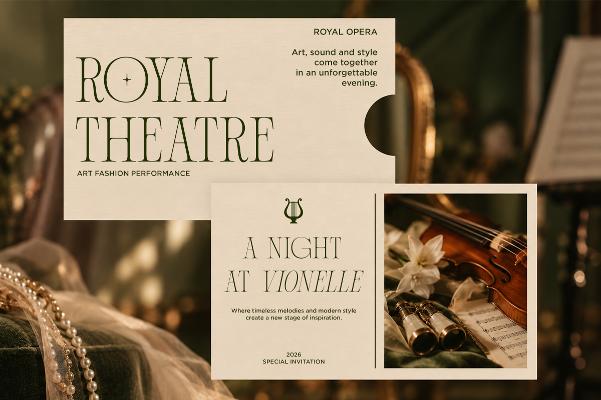 Elegant theatre poster mockup with cream layouts, classical typography, violin close-up, pearls, gold accents