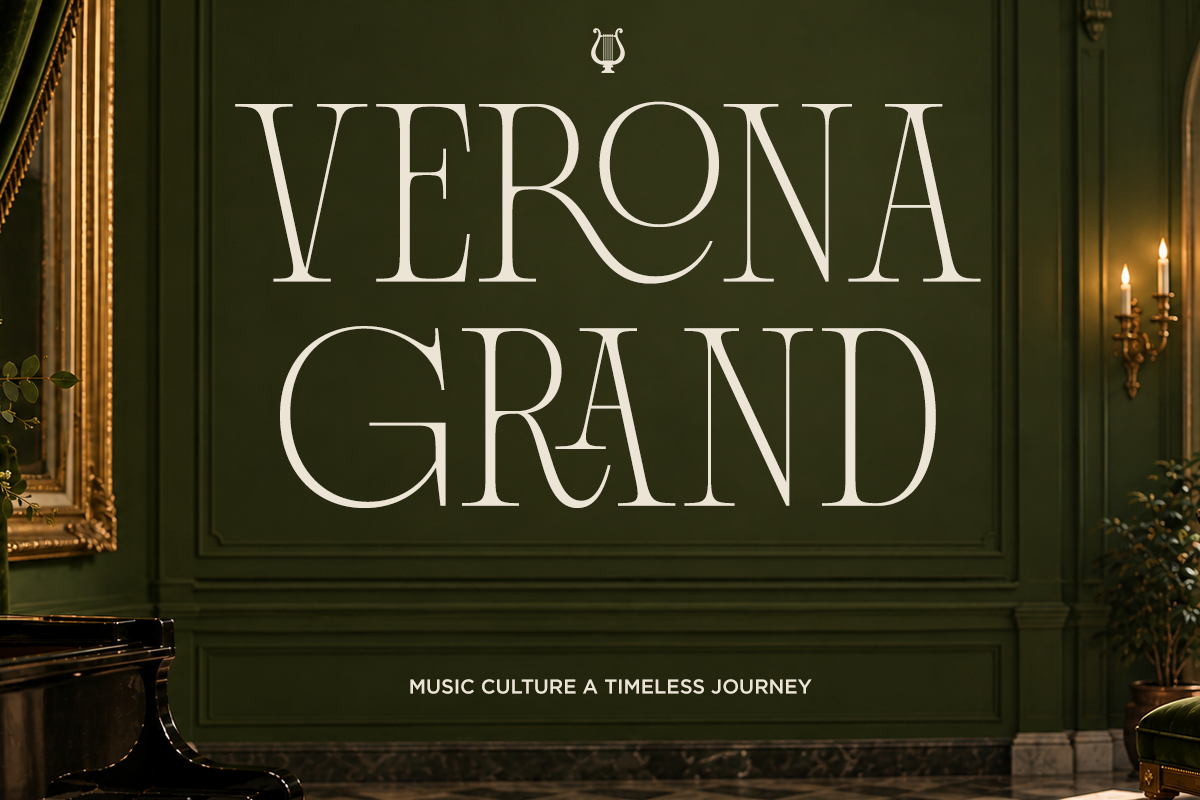 Verona Grand serif font displayed on olive green wall with gold classical decor