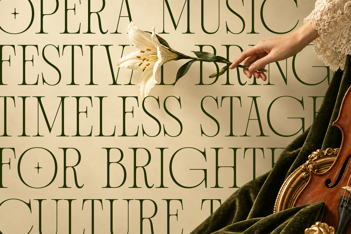 Elegant serif type overlay with cream lily, vintage violin, lace sleeve, gold frame on beige backdrop