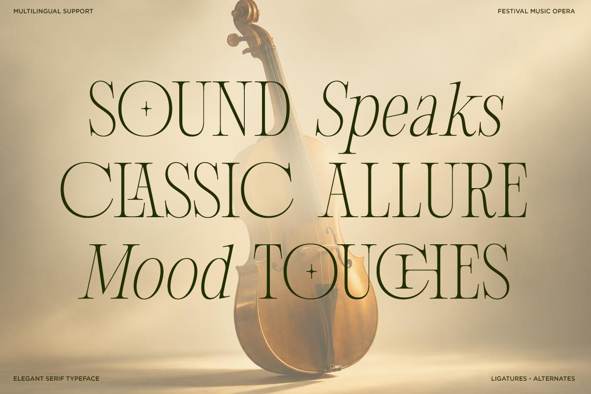Elegant serif typeface overlay on vintage cello with warm golden lighting