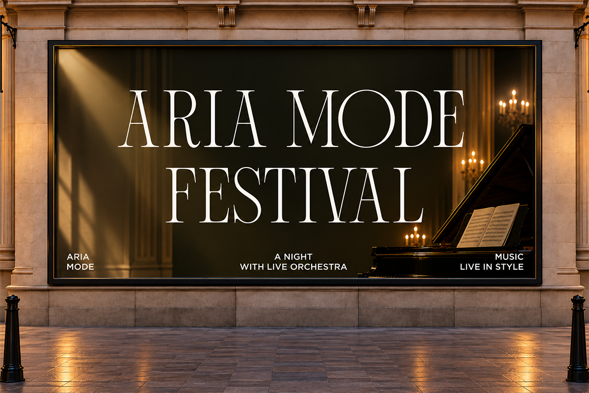 Luxury billboard mockup showing elegant classical venue with grand piano, chandeliers, orchestra event display