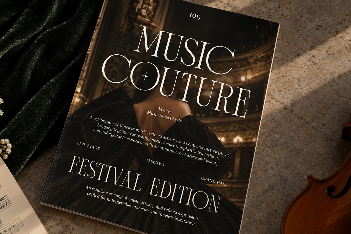 Dark luxury festival poster with gold serif type, violin props, moody lighting