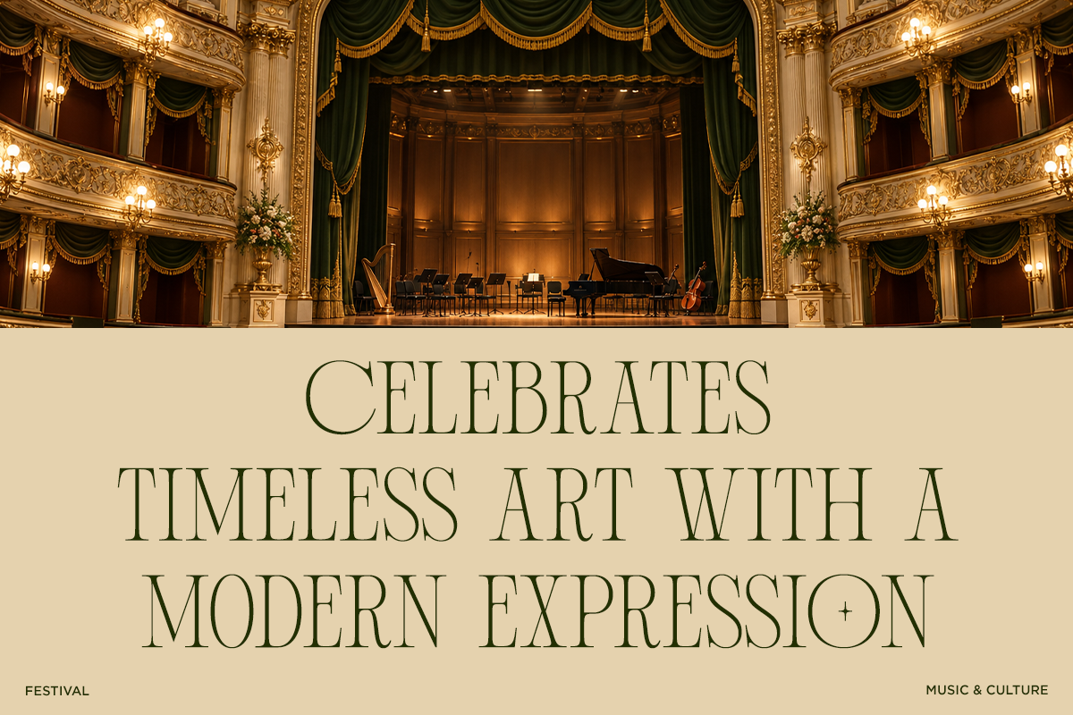 Ornate theater balconies with green drapes, grand piano on stage, elegant serif typography overlay