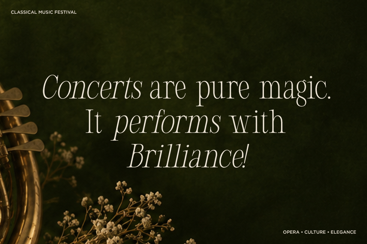 Elegant dark green poster for classical music festival with gold violin, serif typography, dried flowers, sophistication vibes