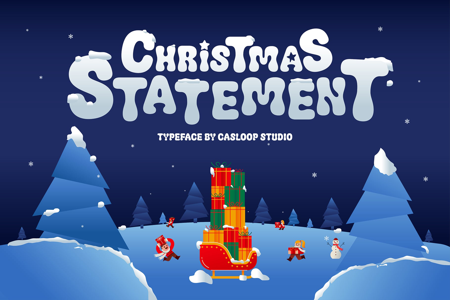 Chunky snowy typeface with Christmas elves, gifts, sleigh in winter landscape scene